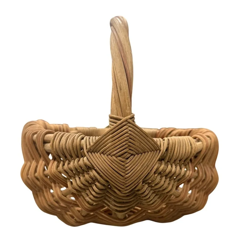 Handwoven Wicker Buttocks Egg Basket Natural Reed God's Eye Handle Farmhouse 10